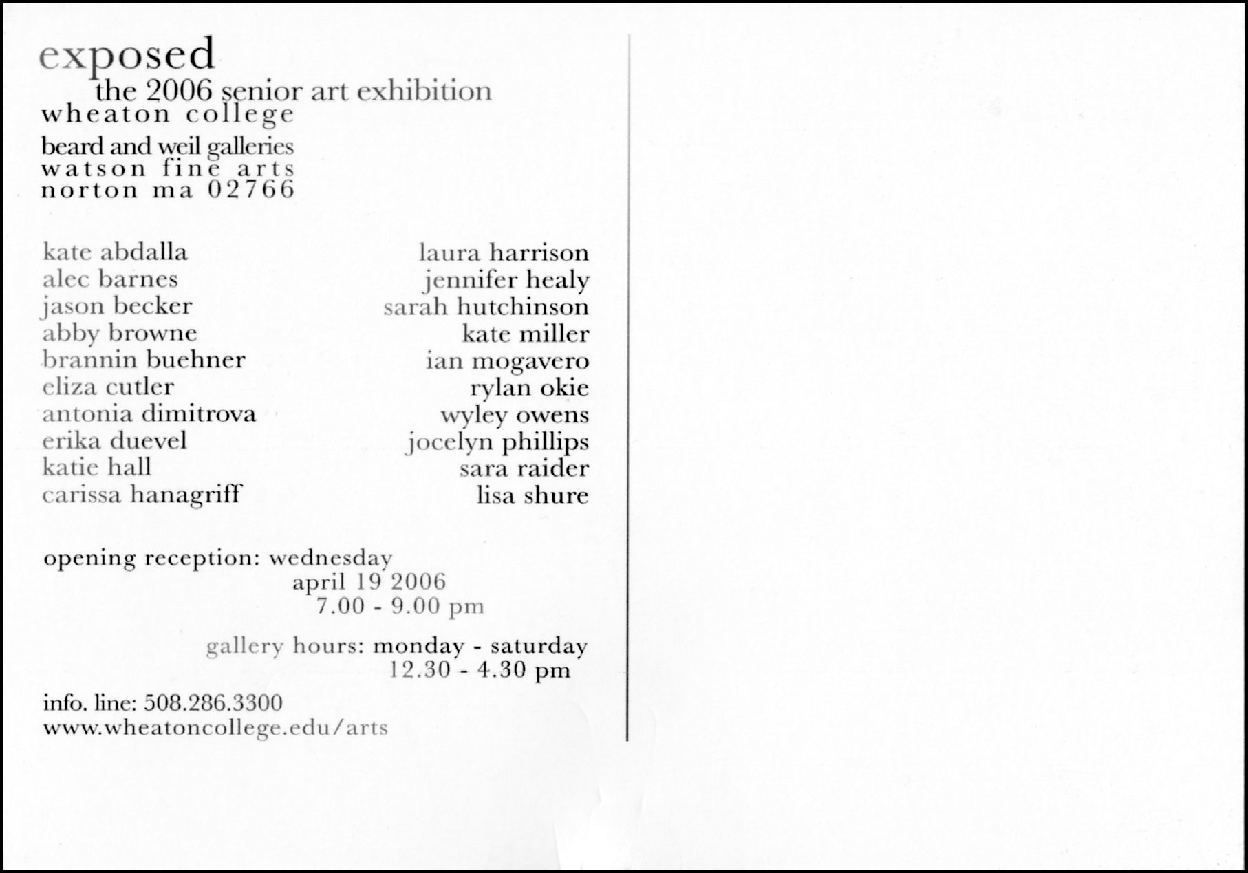 Senior Art Major's Exhibition 2006: Exposed (gallery mailer-back)