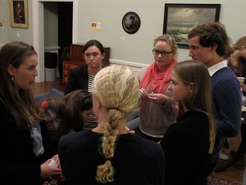 ARTHive Founder Betsy Maloney talks with other members after the Q&A with David Mayo