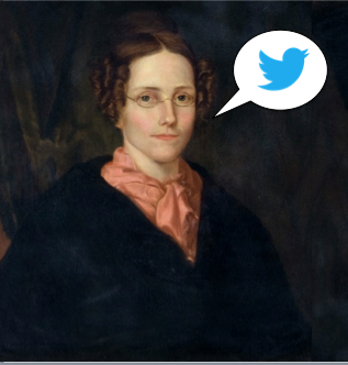 portrait of Eliza B Wheaton with a speech bubble containing the twitter logo