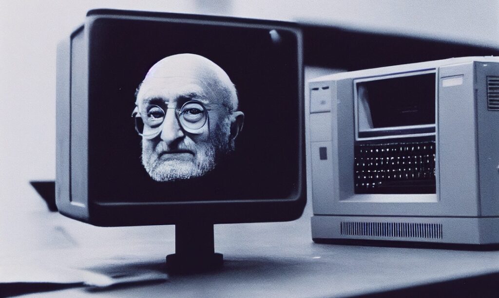 Black and white image showing Vilem Flusser's head on a 1980s computer screen, black background. A laser printer next to the screen.